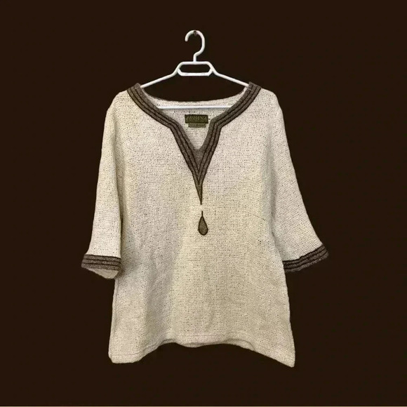 Hilana rough weave ivory tunic with brown on brown trim, 50%, wool,  50% cotton - Picture 1 of 9
